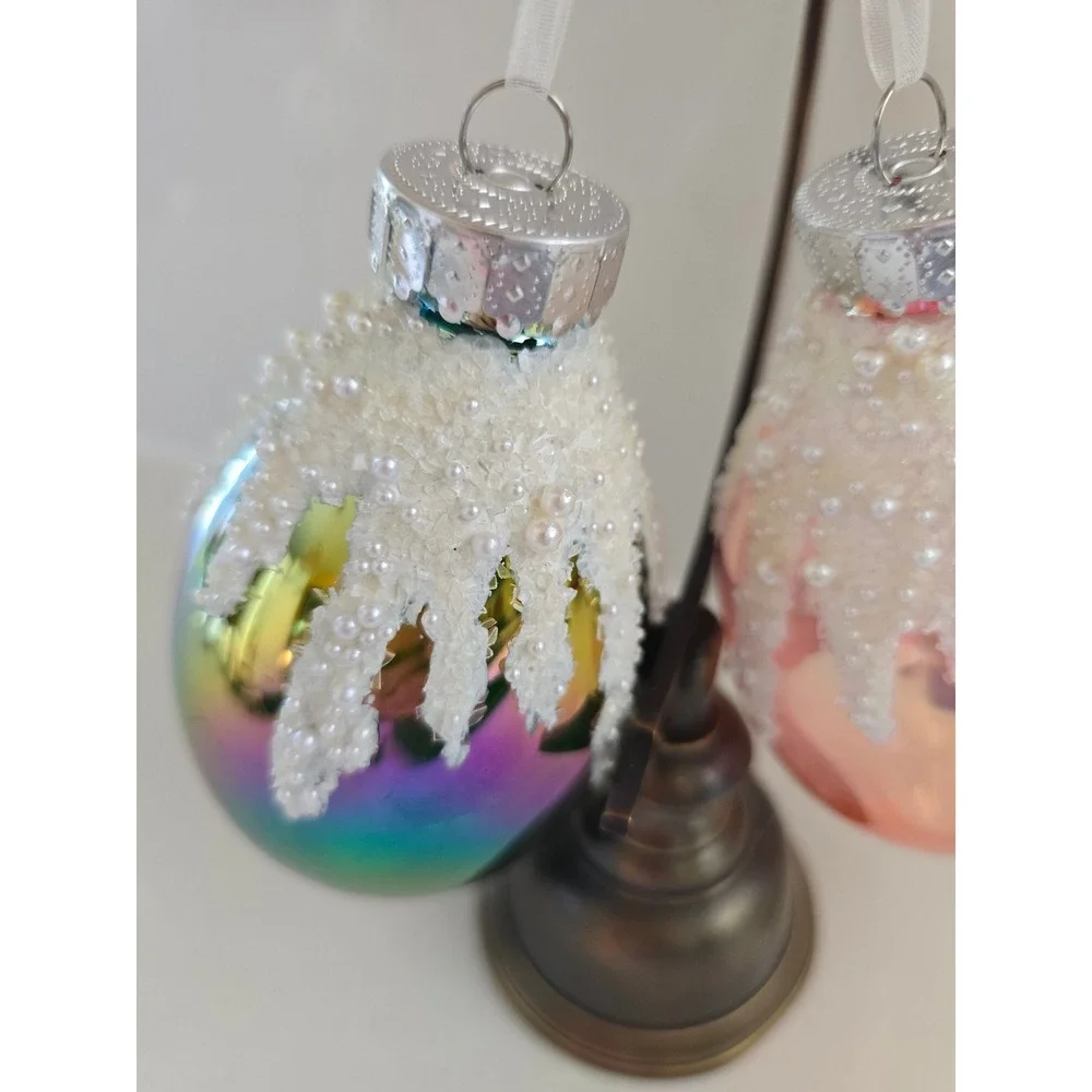 Set of 2 Gerson and Co Iridescent Glass Teardrop Christmas Ornaments New